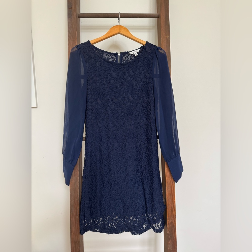 Navy Sheath Holiday Dress with Sheer Sleeves